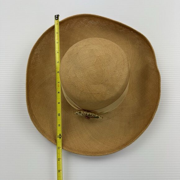 Vintage Frank Olive Straw Wide Brim Hat Floral Brooch Tan main image 9